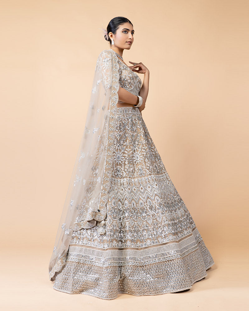 Silver Bridal Lehenga Embellished with Heavy Sequence Work and Mirror Work