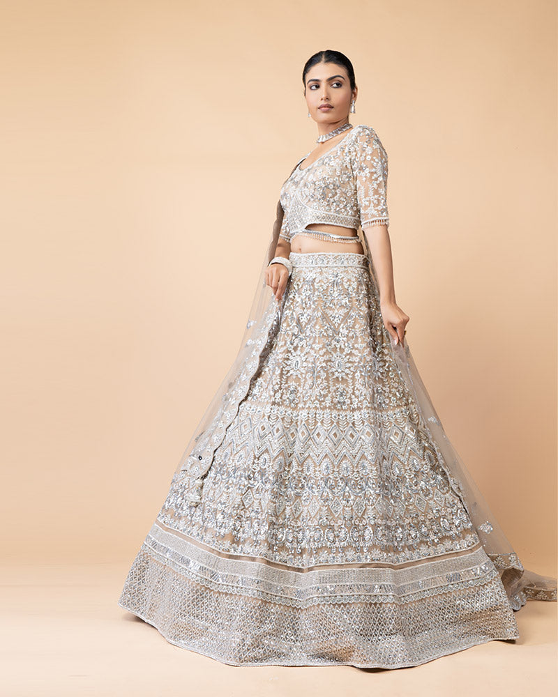 Silver Bridal Lehenga Embellished with Heavy Sequence Work and Mirror Work