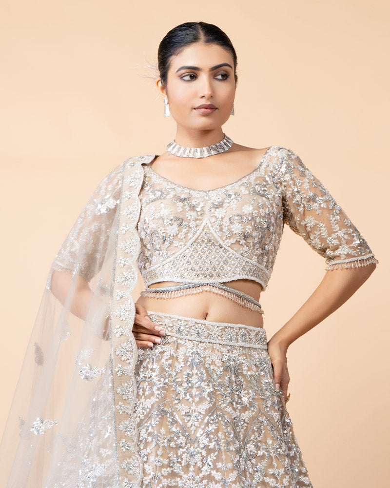 Silver Bridal Lehenga Embellished with Heavy Sequence Work and Mirror Work