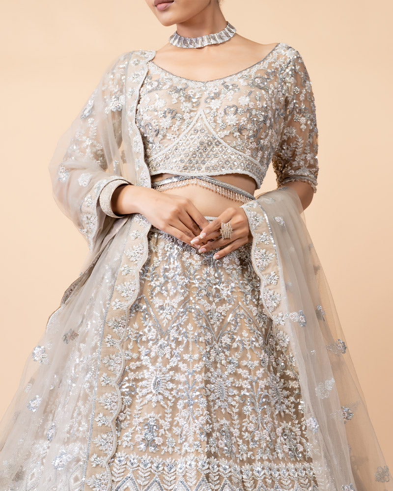 Silver Bridal Lehenga Embellished with Heavy Sequence Work and Mirror Work