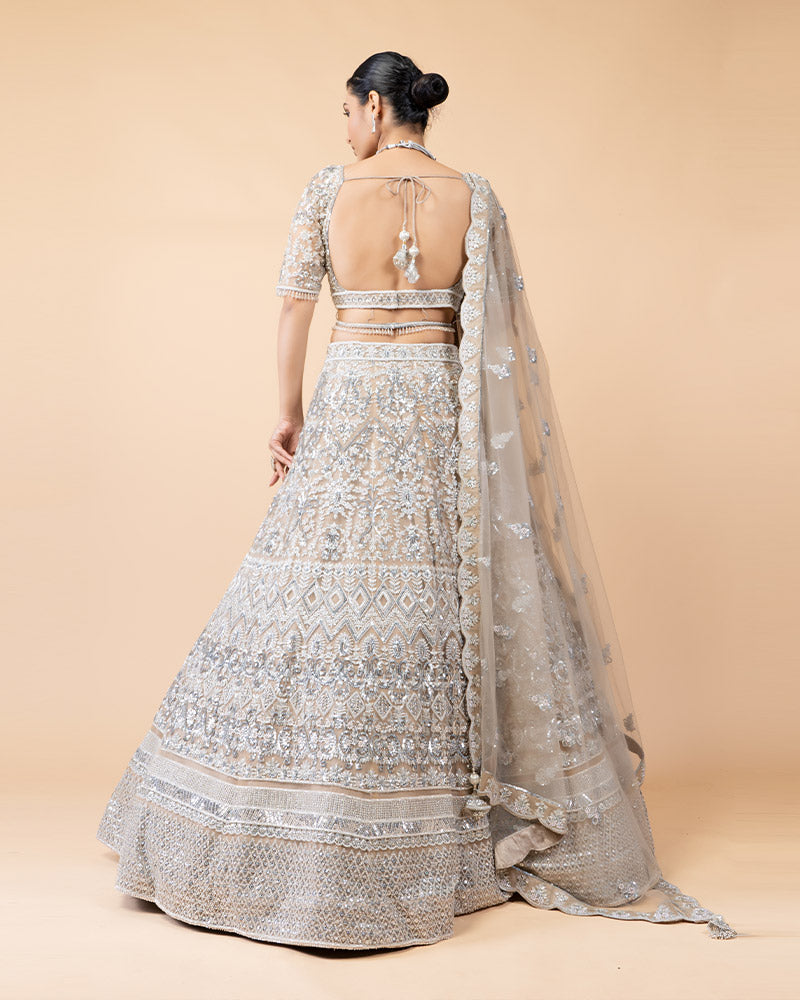 Silver Bridal Lehenga Embellished with Heavy Sequence Work and Mirror Work