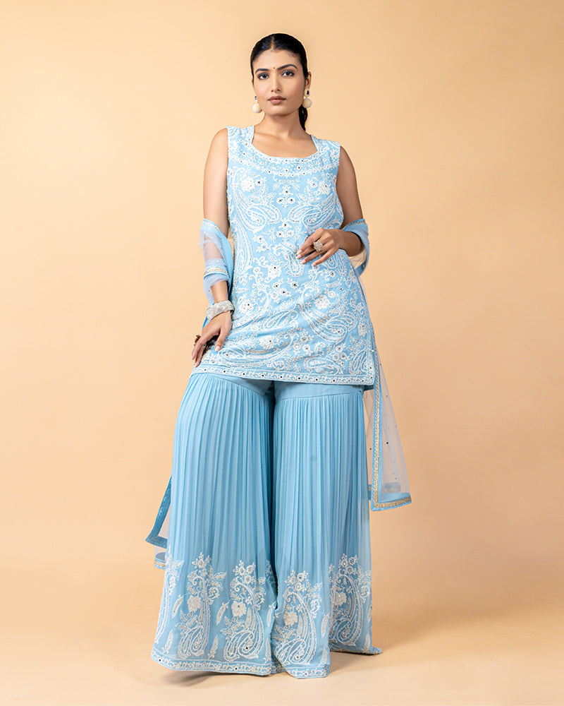 Sky Blue Embroidered Palazzo Set with Net Dupatta