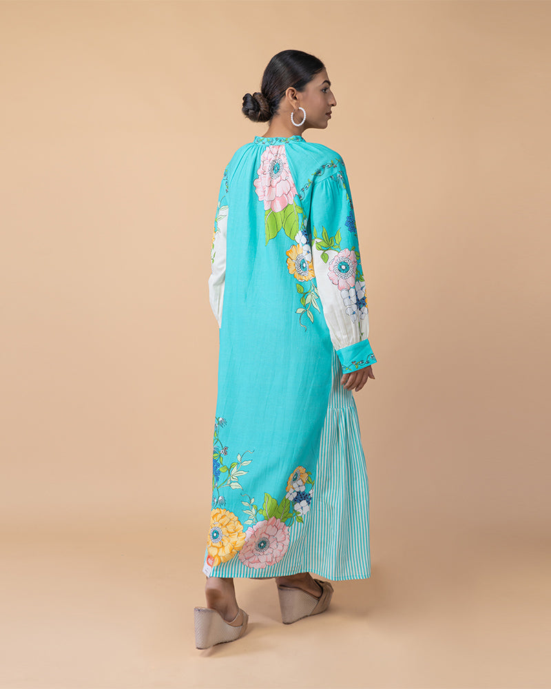 Sky Blue Floral Print Long Dress with V-Neck and Sleeves