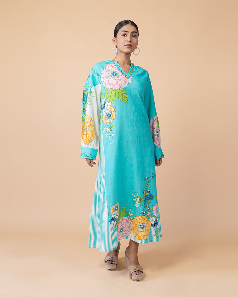 Sky Blue Floral Print Long Dress with V-Neck and Sleeves