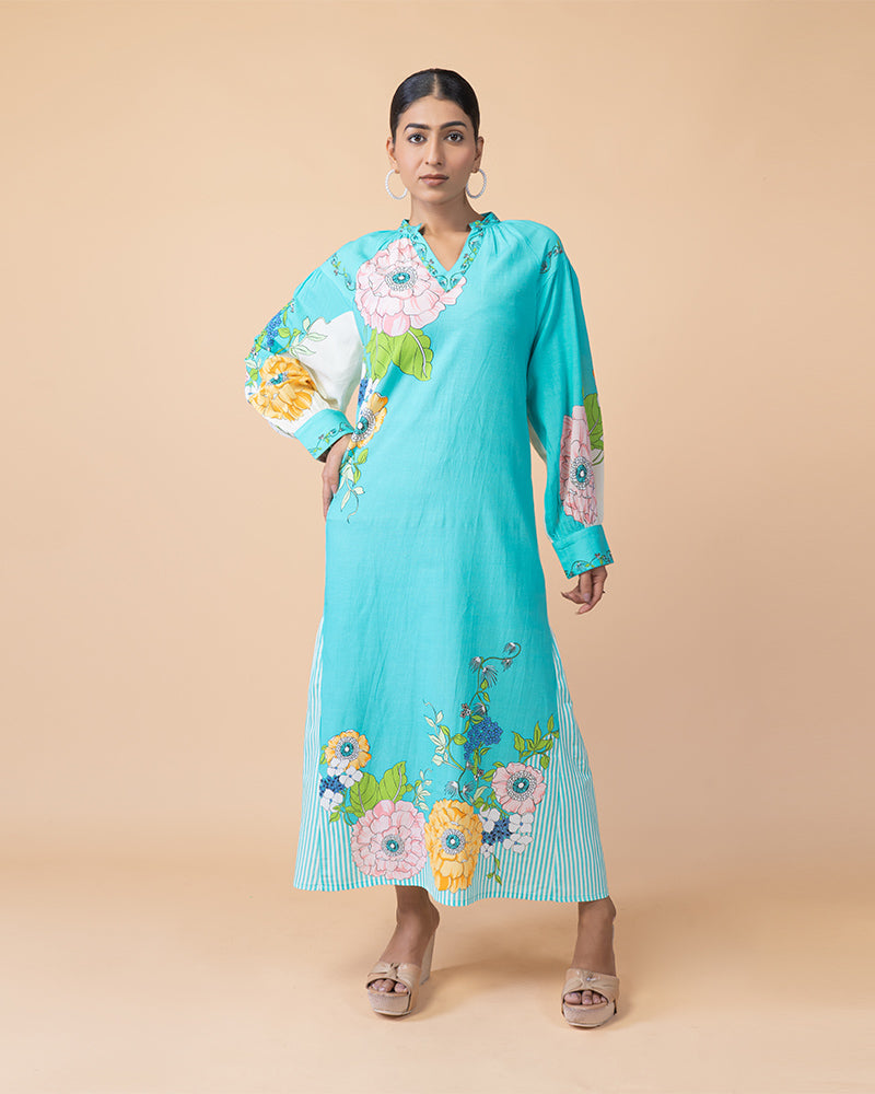 Sky Blue Floral Print Long Dress with V-Neck and Sleeves