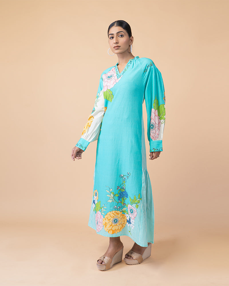 Sky Blue Floral Print Long Dress with V-Neck and Sleeves