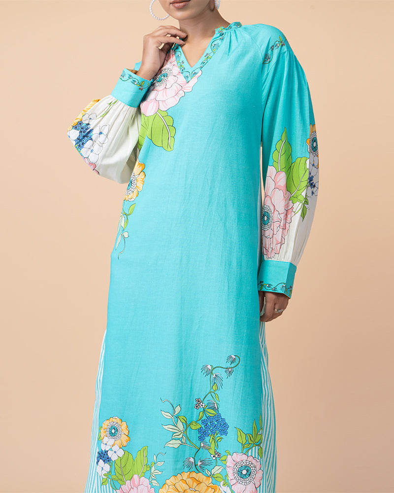 Sky Blue Floral Print Long Dress with V-Neck and Sleeves