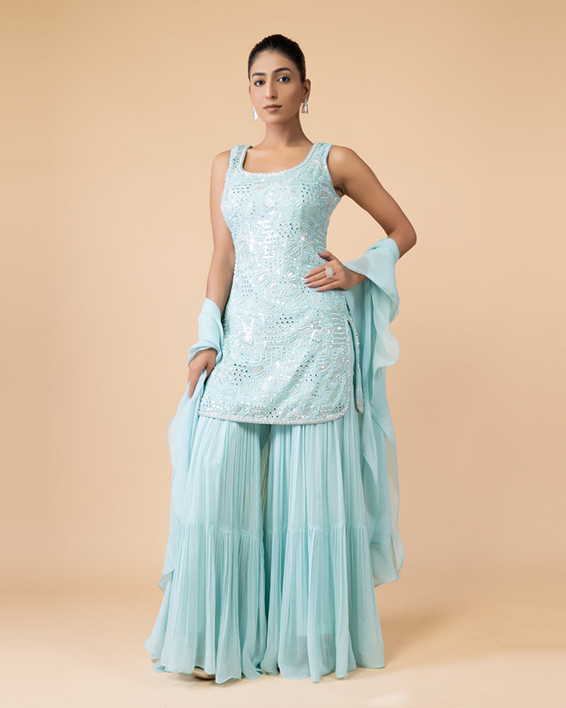 Sky Blue Palazzo with Plum Top and Chiffon Dupatta