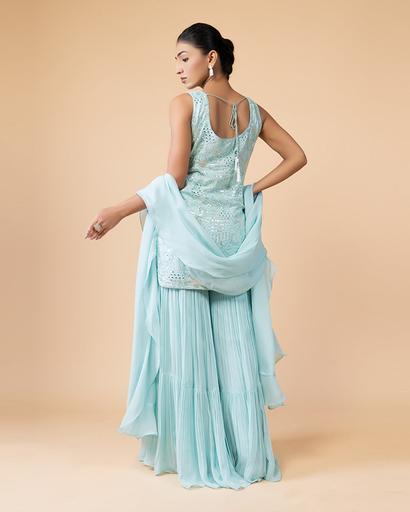 Sky Blue Palazzo with Plum Top and Chiffon Dupatta