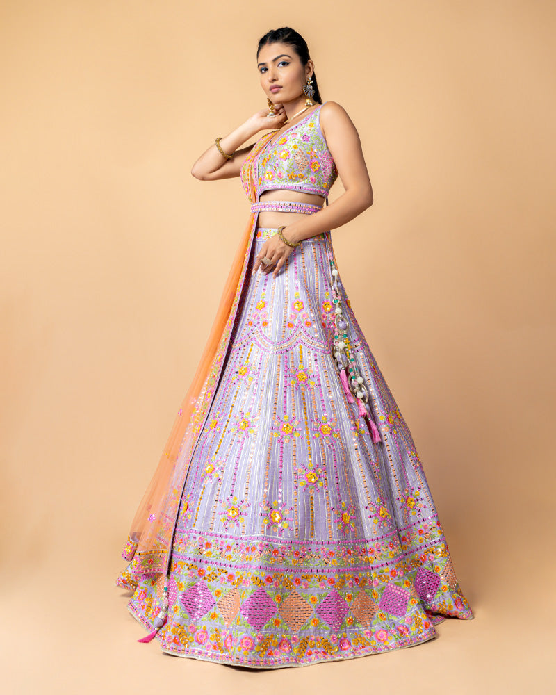 Soft Lavender Designer Embroidered Lehenga Choli with Contrast Net Dupatta