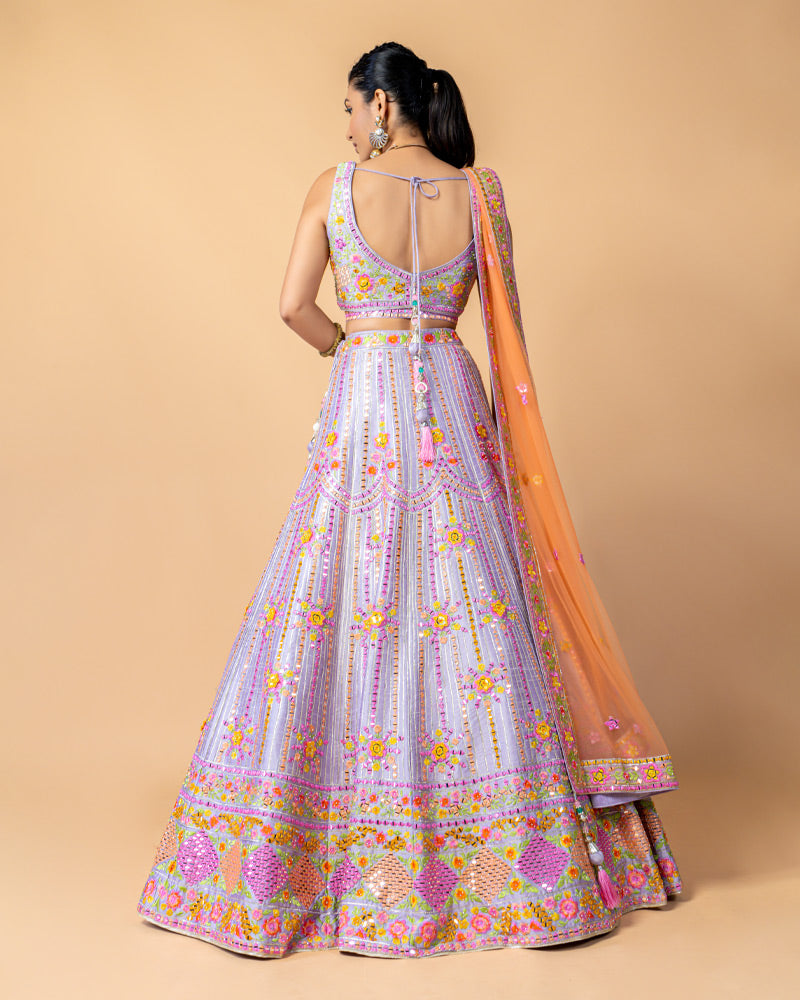 Soft Lavender Designer Embroidered Lehenga Choli with Contrast Net Dupatta