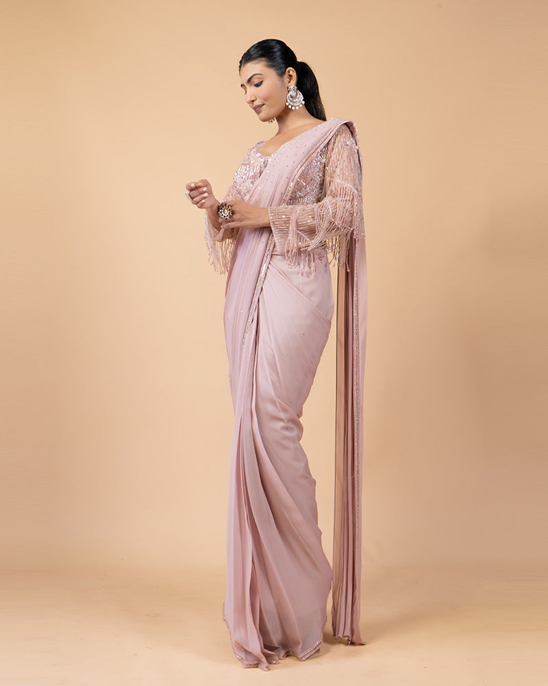 Soft Pink Ready-to-Wear Saree with Hand Embellished Blouse