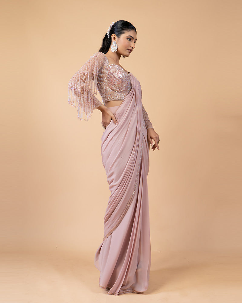 Soft Pink Ready-to-Wear Saree with Hand Embellished Blouse