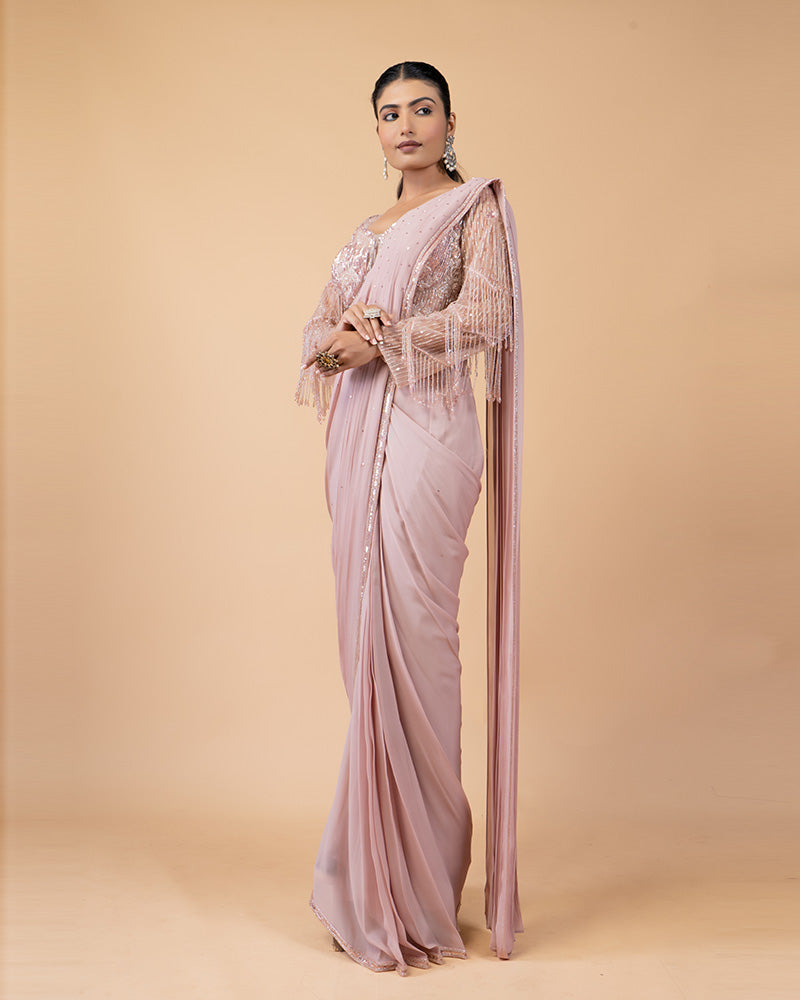 Soft Pink Ready-to-Wear Saree with Hand Embellished Blouse