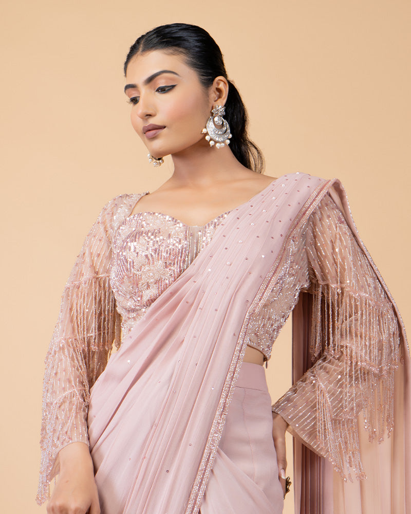 Soft Pink Ready-to-Wear Saree with Hand Embellished Blouse