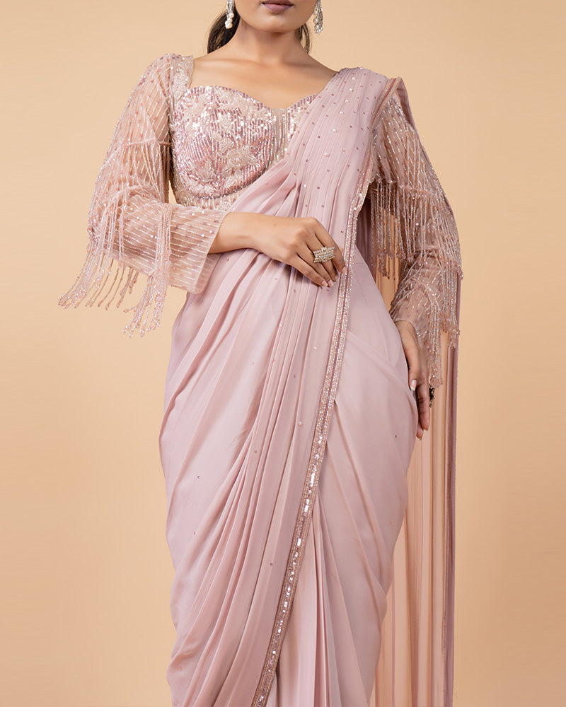 Soft Pink Ready-to-Wear Saree with Hand Embellished Blouse