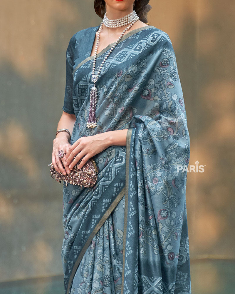 Steel Blue Floral Printed Cotton Saree with Unstitched Blouse 03