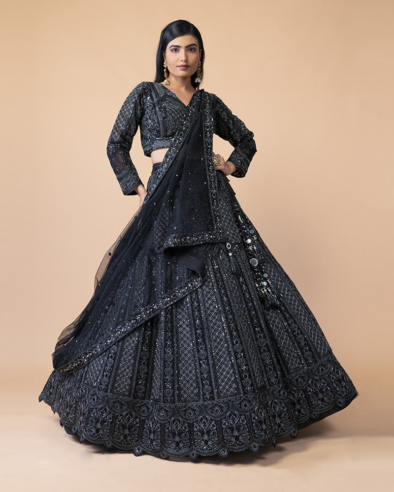 Stunning Black Lehenga Choli with Full Sleeve Blouse and Net Dupatta