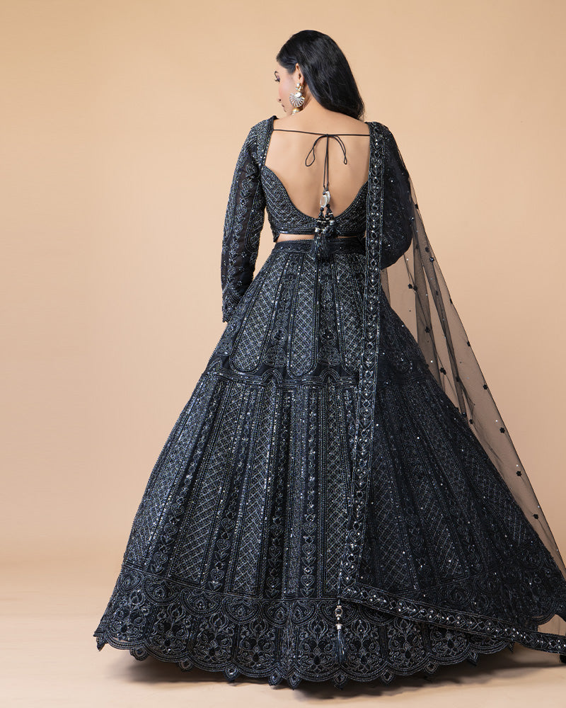 Stunning Black Lehenga Choli with Full Sleeve Blouse and Net Dupatta