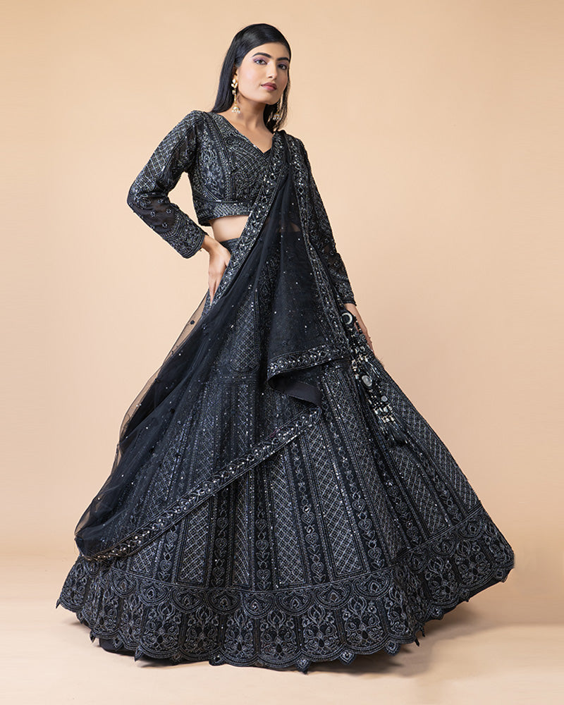 Stunning Black Lehenga Choli with Full Sleeve Blouse and Net Dupatta