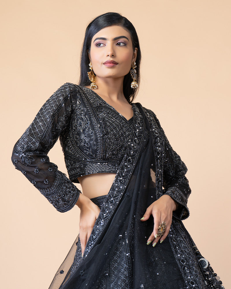 Stunning Black Lehenga Choli with Full Sleeve Blouse and Net Dupatta