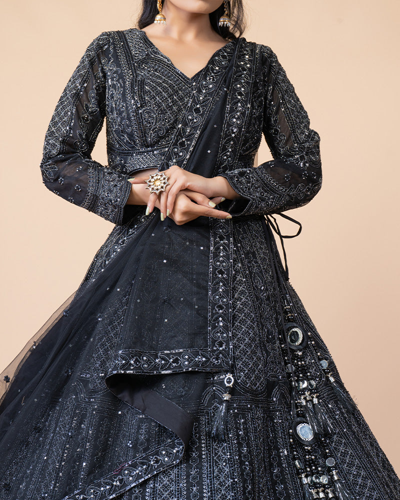 Stunning Black Lehenga Choli with Full Sleeve Blouse and Net Dupatta