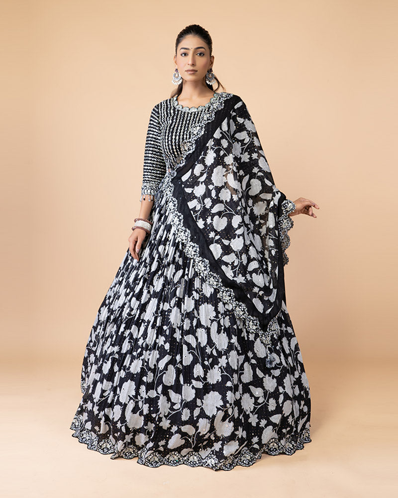 Stunning Black Lehenga Choli with Long Sleeved Blouse and Graceful Dupatta