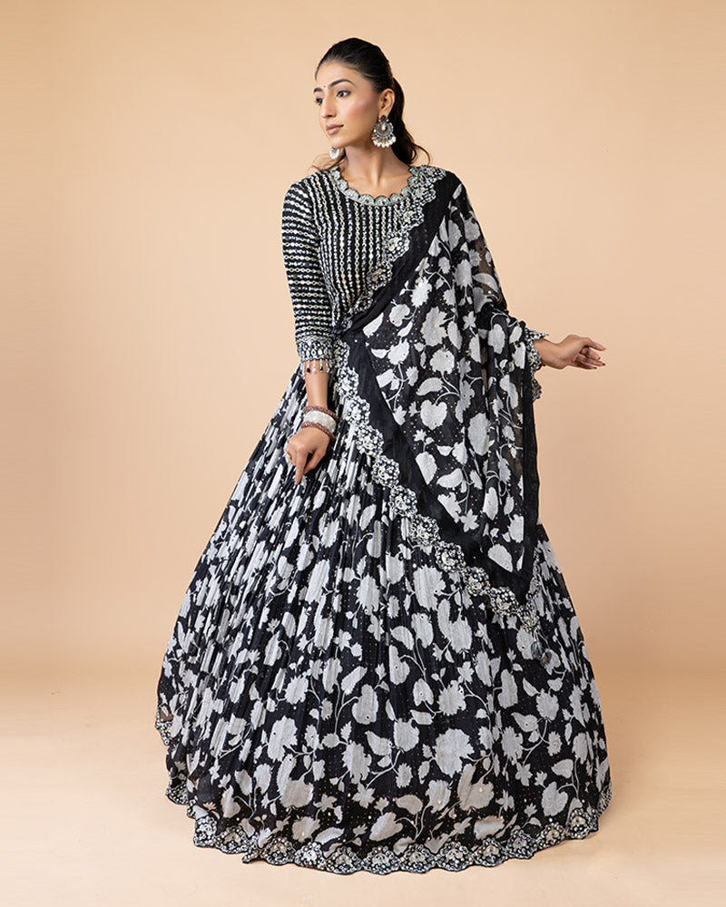 Stunning Black Lehenga Choli with Long Sleeved Blouse and Graceful Dupatta