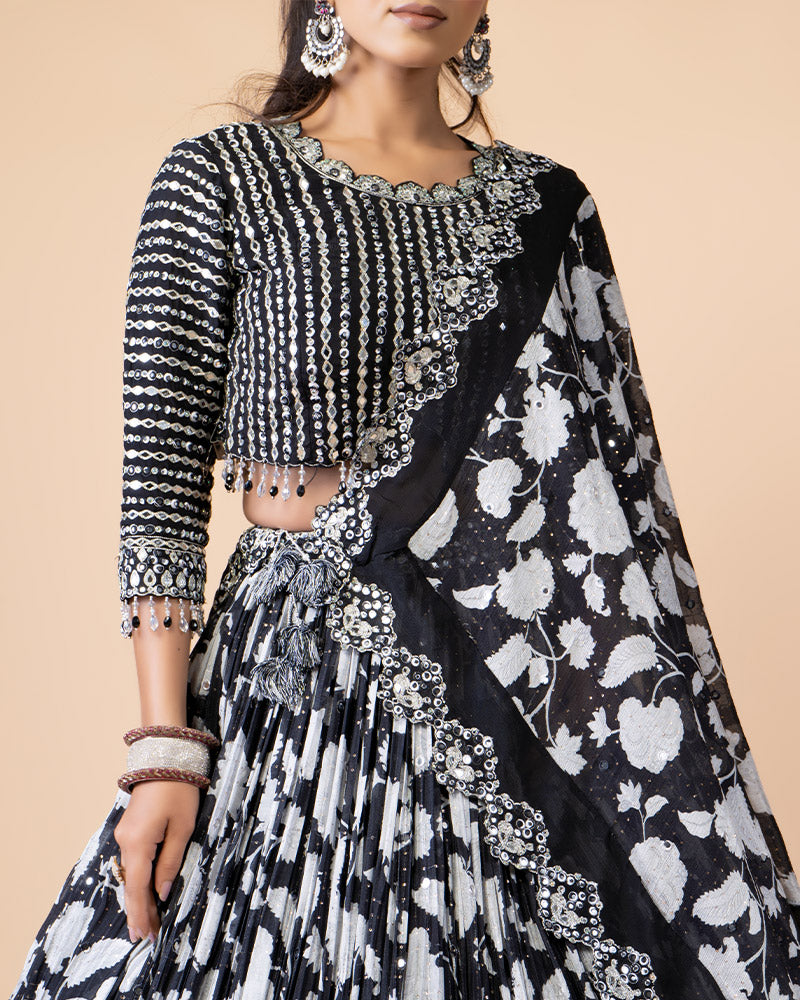 Stunning Black Lehenga Choli with Long Sleeved Blouse and Graceful Dupatta