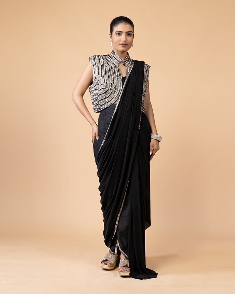 Stylish Black Ready-to-Wear Saree with a Glamorous Embellished Jacket