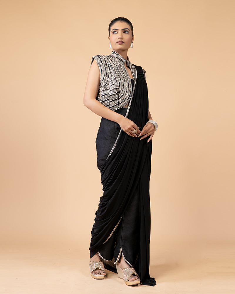 Stylish Black Ready-to-Wear Saree with a Glamorous Embellished Jacket