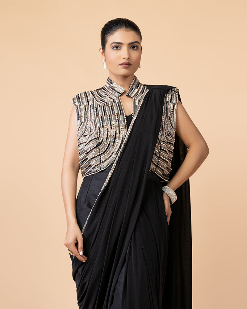 Stylish Black Ready-to-Wear Saree with a Glamorous Embellished Jacket