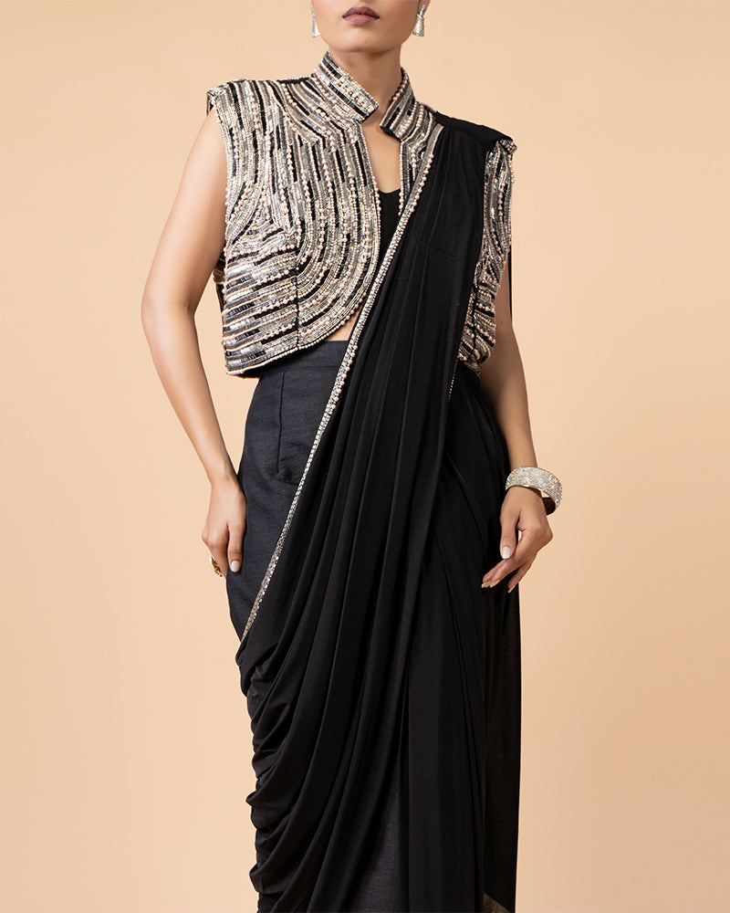 Stylish Black Ready-to-Wear Saree with a Glamorous Embellished Jacket