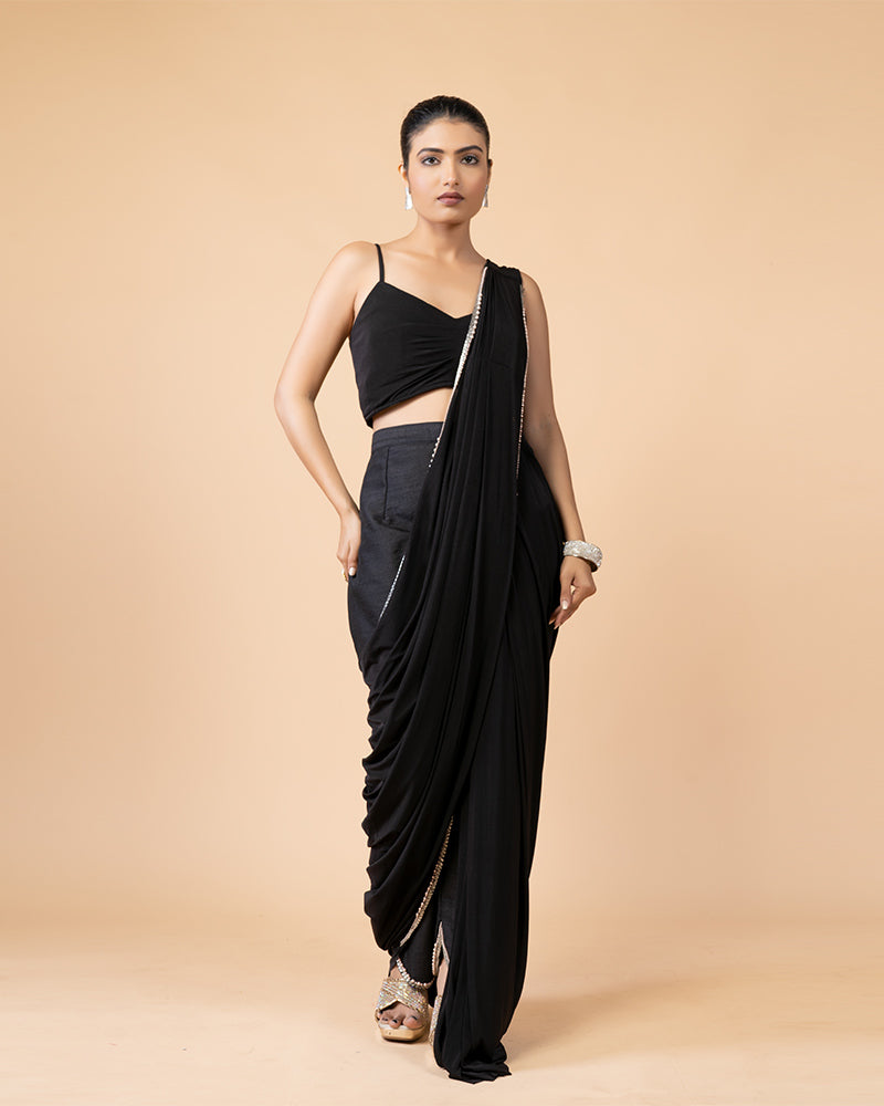 Stylish Black Ready-to-Wear Saree with a Glamorous Embellished Jacket