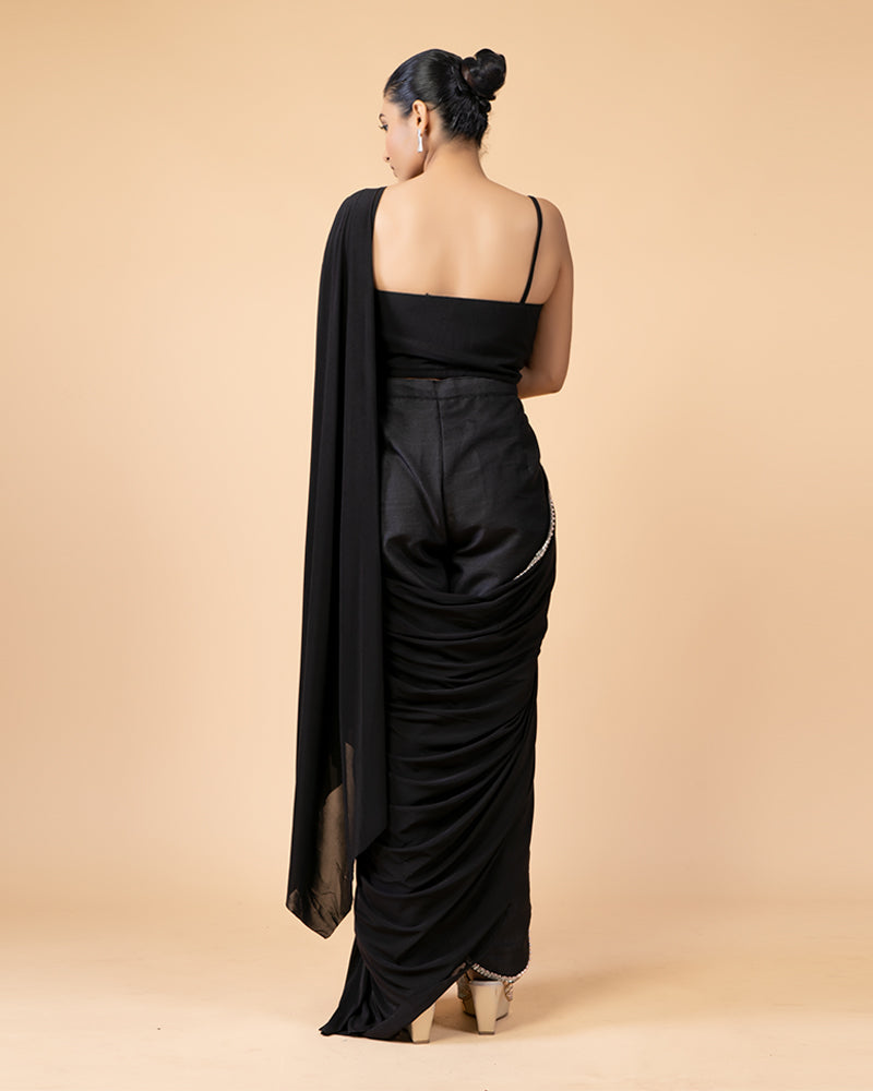 Stylish Black Ready-to-Wear Saree with a Glamorous Embellished Jacket