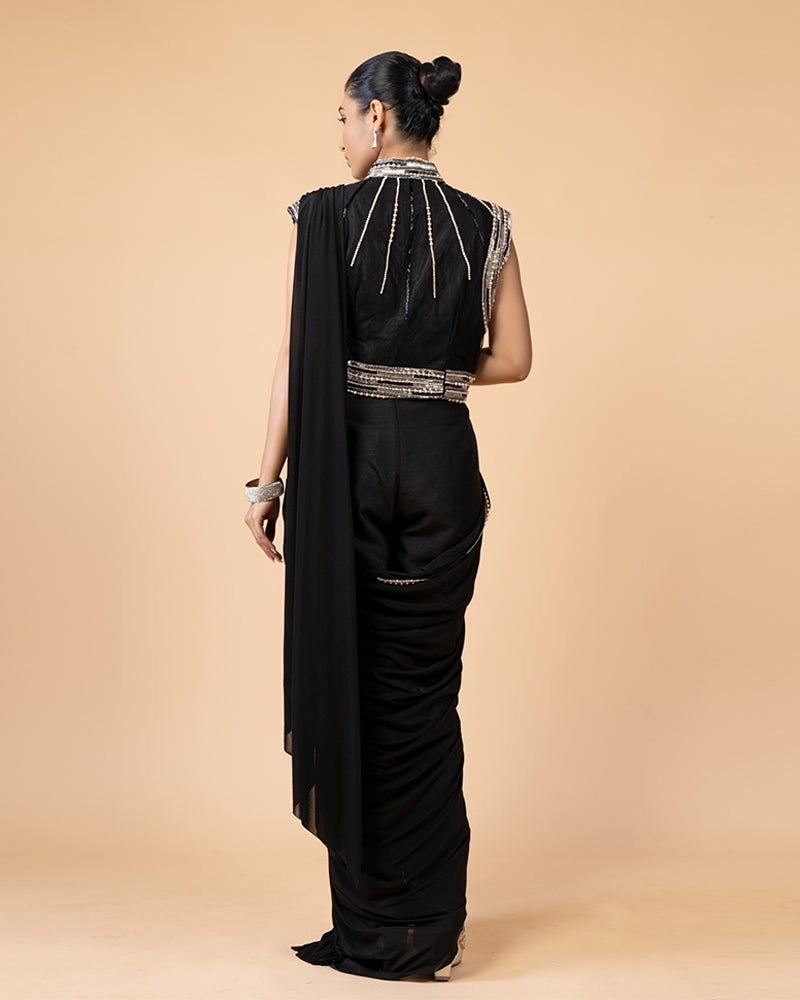 Stylish Black Ready-to-Wear Saree with a Glamorous Embellished Jacket