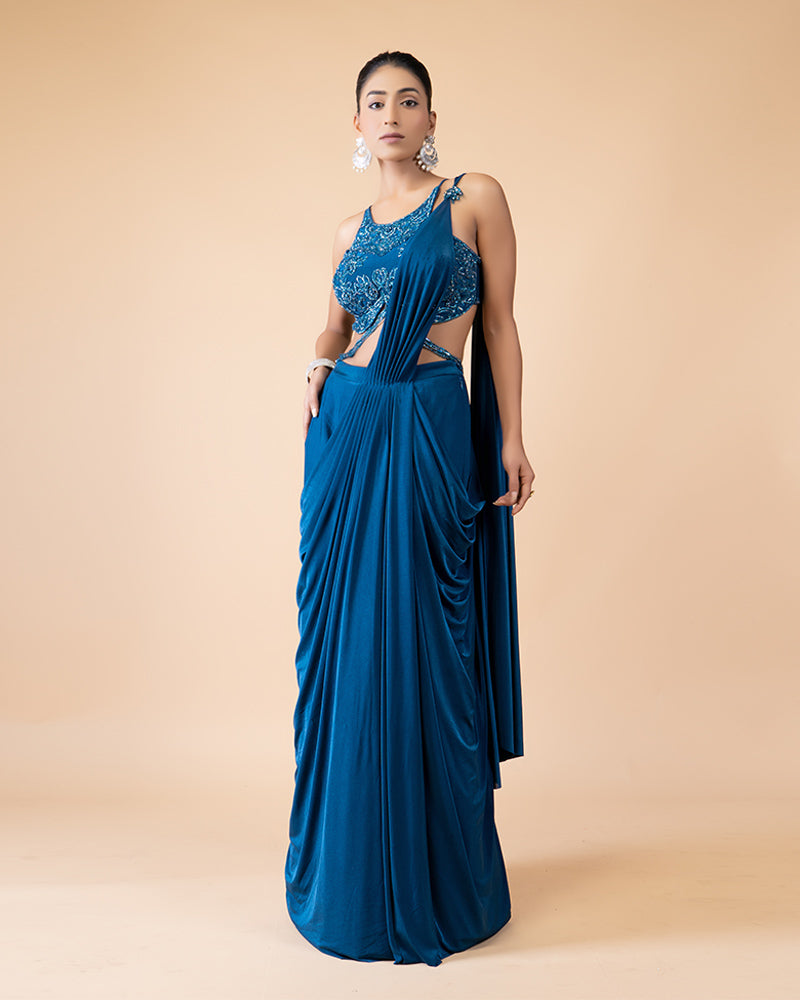 Stylish Blue Ready-to-Wear Saree with Luxurious Embellished Blouse