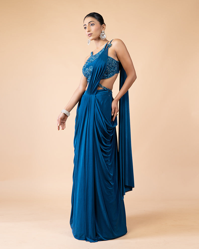 Stylish Blue Ready-to-Wear Saree with Luxurious Embellished Blouse