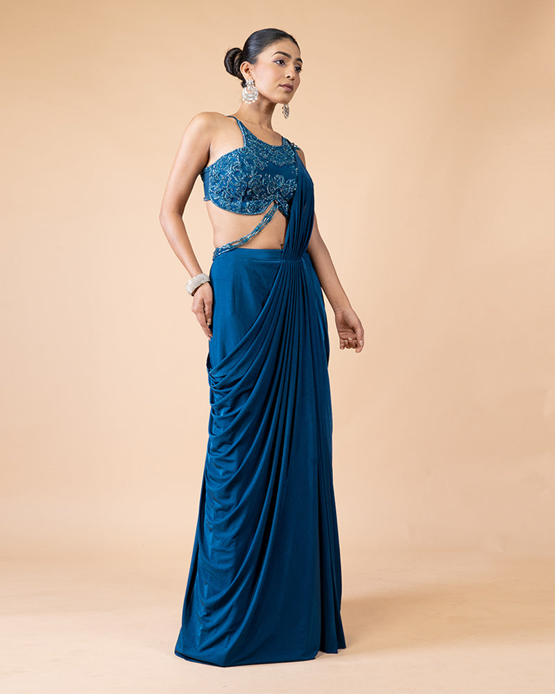 Stylish Blue Ready-to-Wear Saree with Luxurious Embellished Blouse