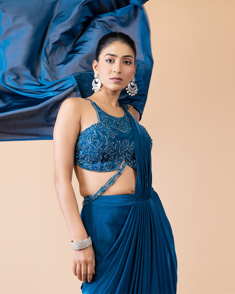 Stylish Blue Ready-to-Wear Saree with Luxurious Embellished Blouse