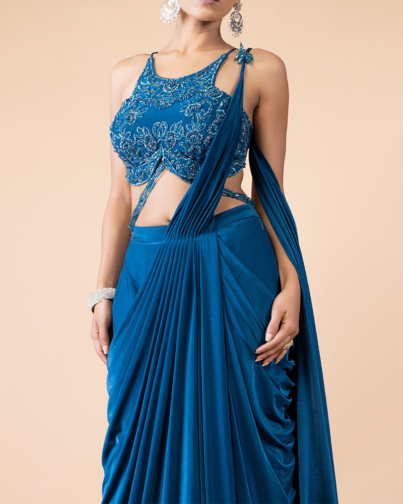 Stylish Blue Ready-to-Wear Saree with Luxurious Embellished Blouse