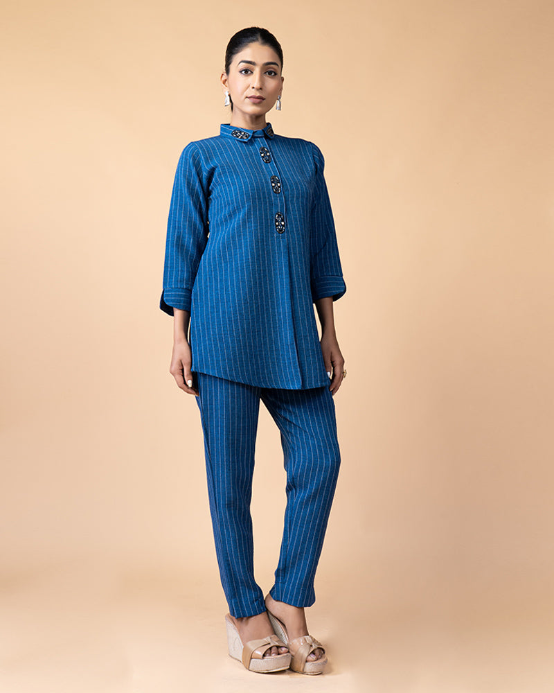 Stylish Blue Top Paired with Matching Trousers