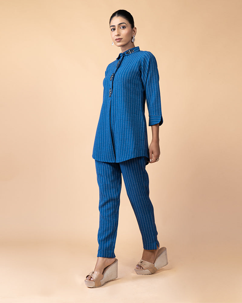 Stylish Blue Top Paired with Matching Trousers