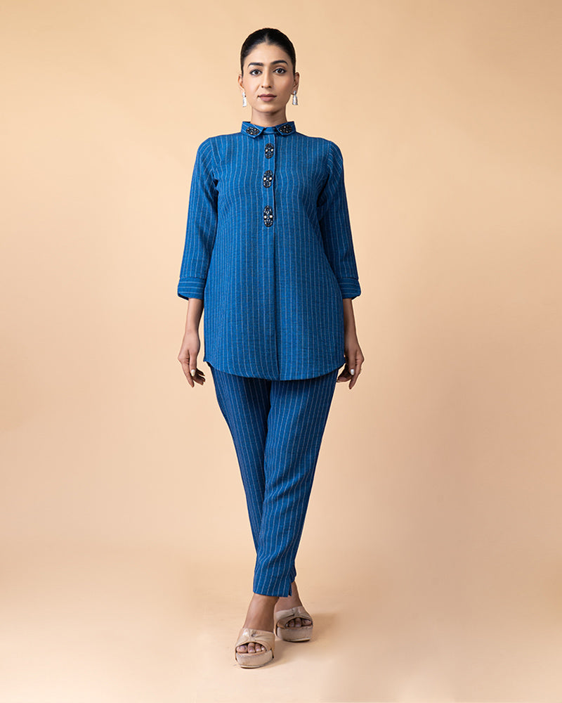 Stylish Blue Top Paired with Matching Trousers