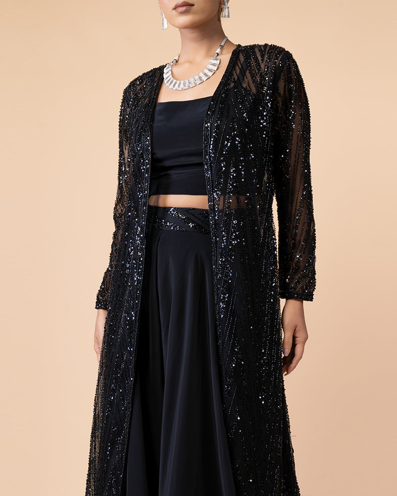 Stylish Velvet Black Skirt with Top and Sequined Jacket