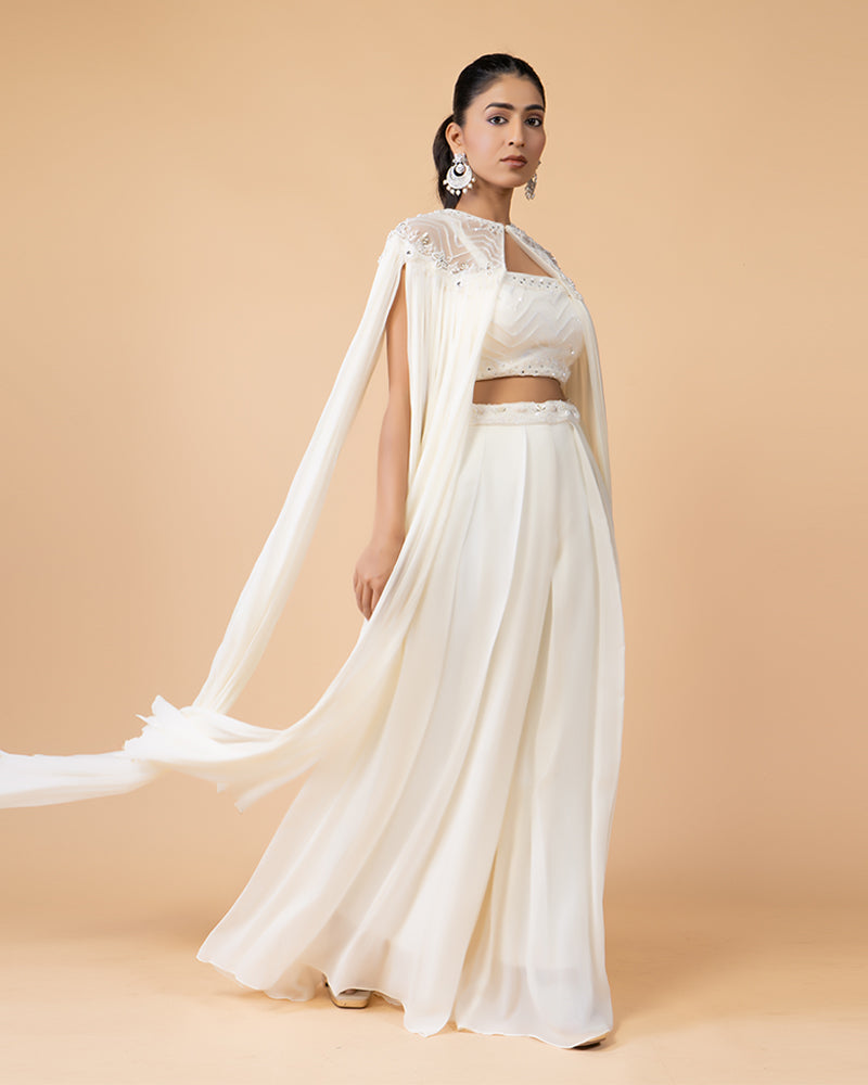 Stylish White Palazzo Ensemble with Crop Top and Cut Sleeve Shrug