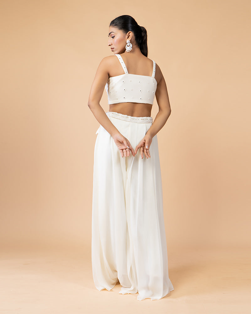 Stylish White Palazzo Ensemble with Crop Top and Cut Sleeve Shrug