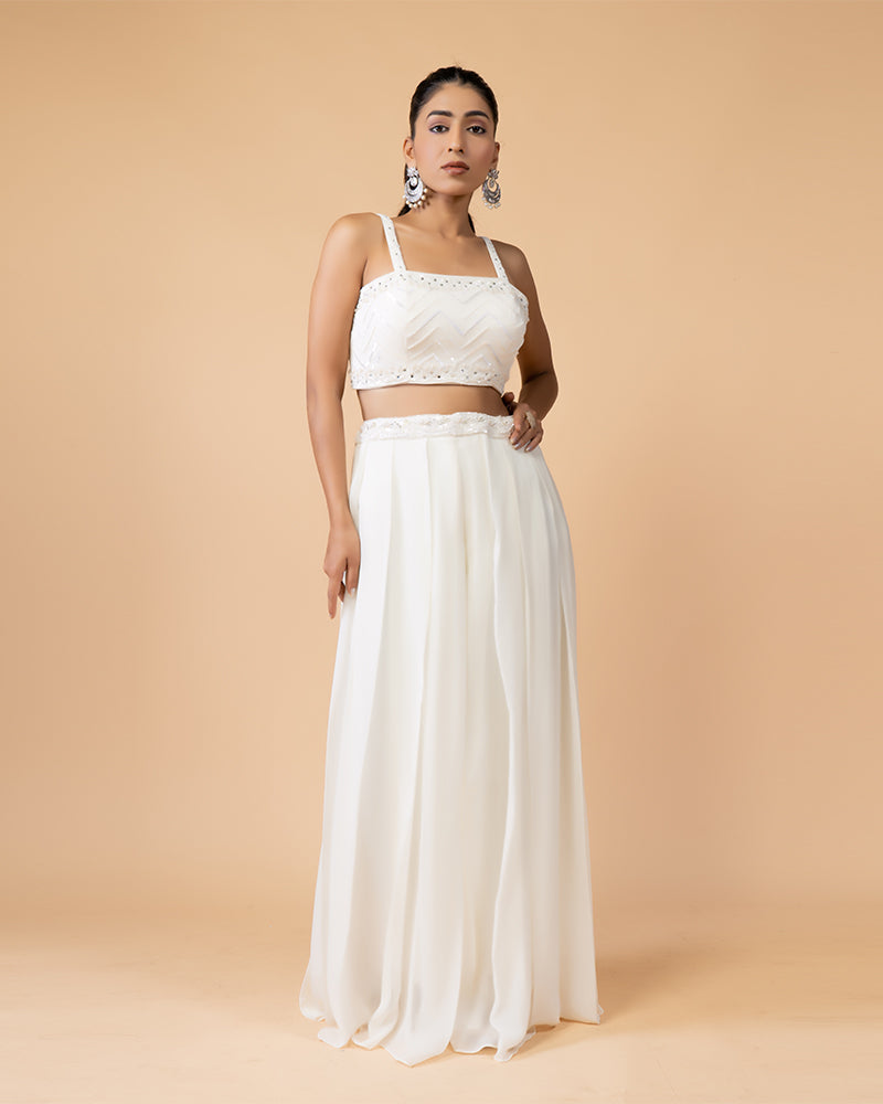 Stylish White Palazzo Ensemble with Crop Top and Cut Sleeve Shrug