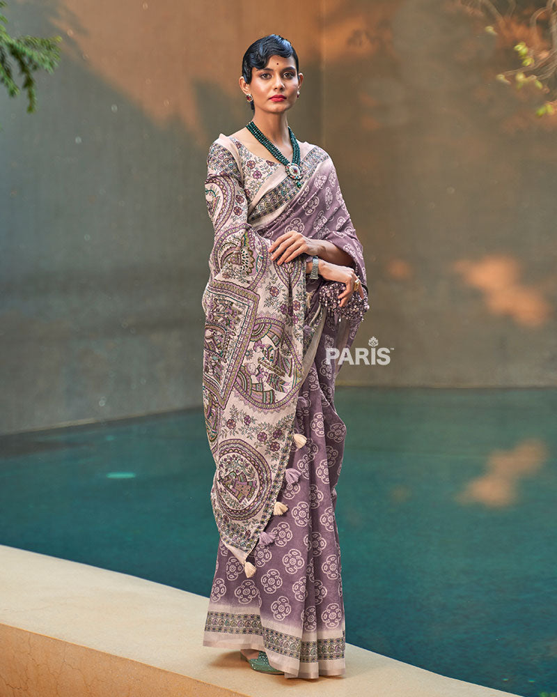 Purple Floral Cotton Saree with Cream Motifs