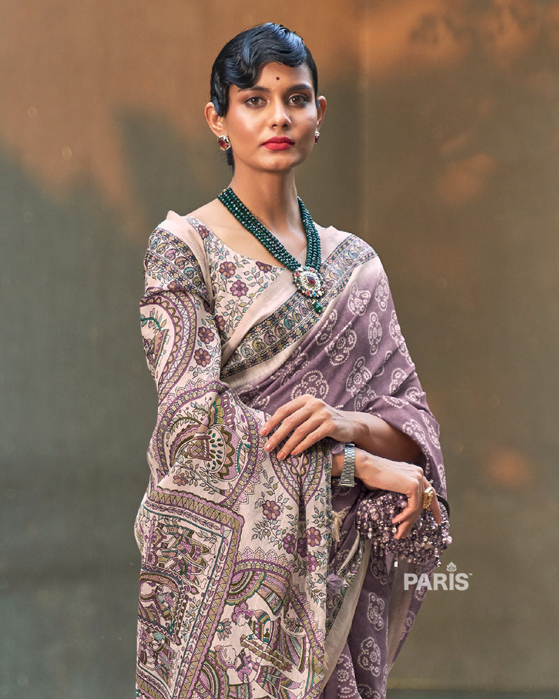 Purple Floral Cotton Saree with Cream Motifs